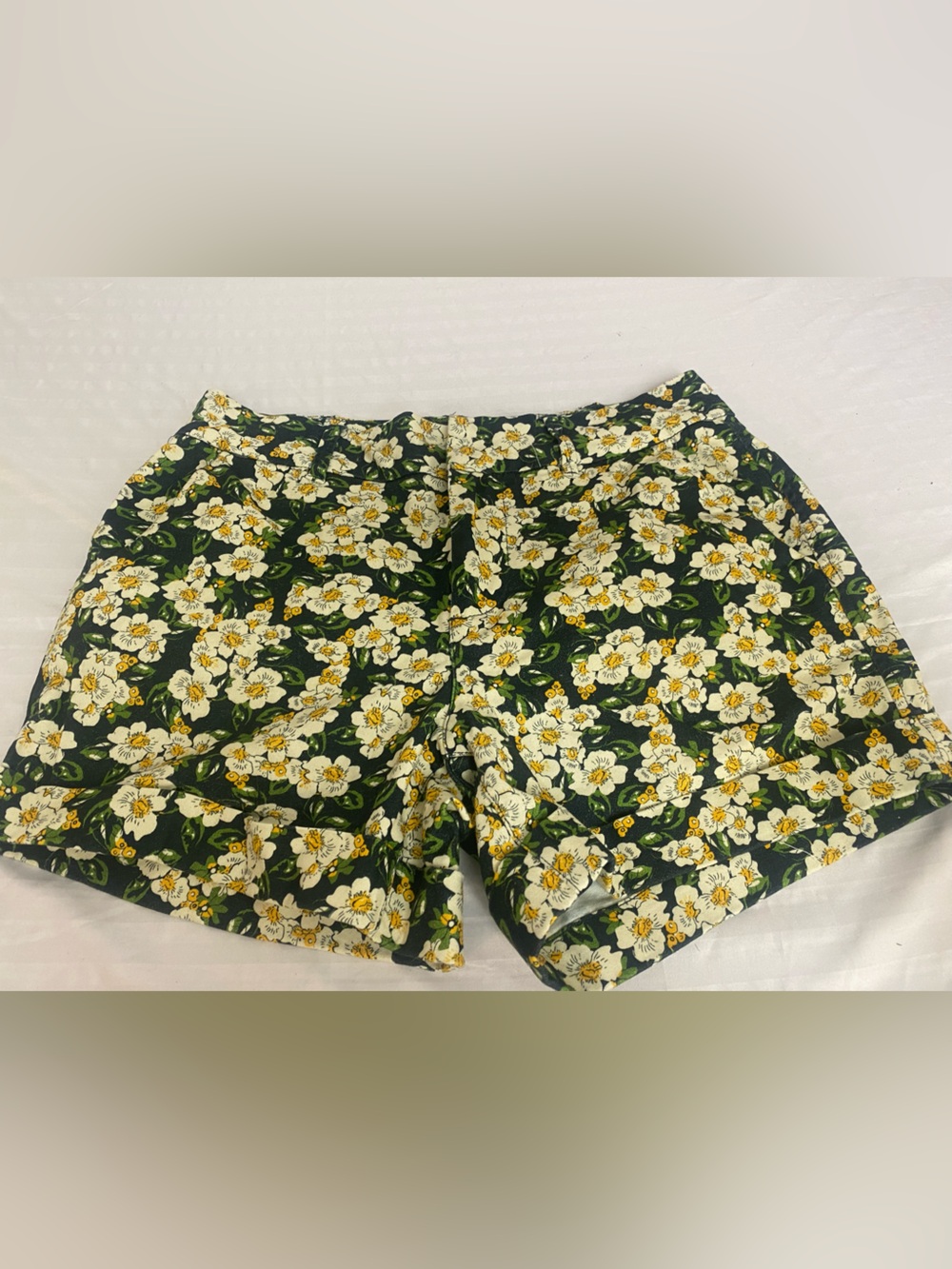 Dear John Dark Green Floral High-Waist Shorts with White and Yellow Flowers